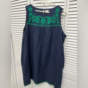 J. Crew Linen/Cotton navy blend dress with beautiful green embroidery